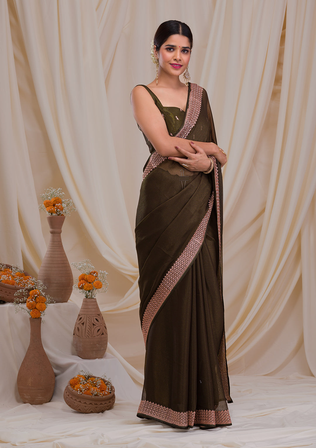 Mehendi Zardosi Semi Crepe Saree