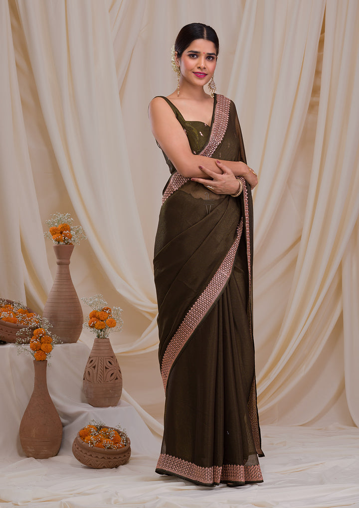 Mehendi Zardosi Semi Crepe Saree