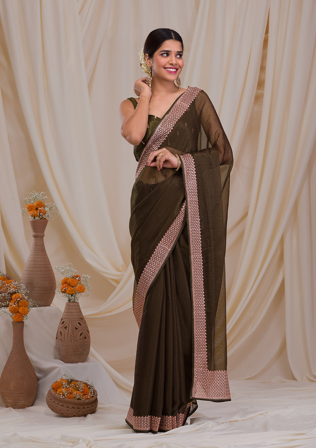 Mehendi Zardosi Semi Crepe Saree