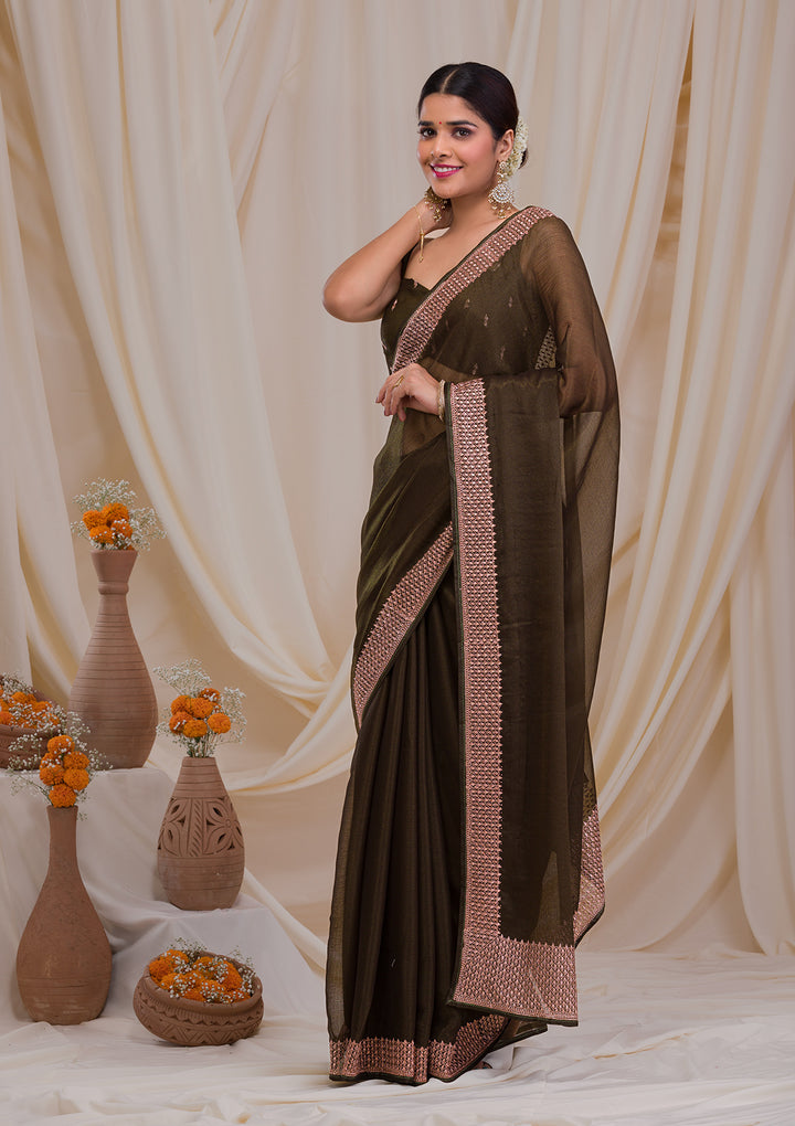 Mehendi Zardosi Semi Crepe Saree