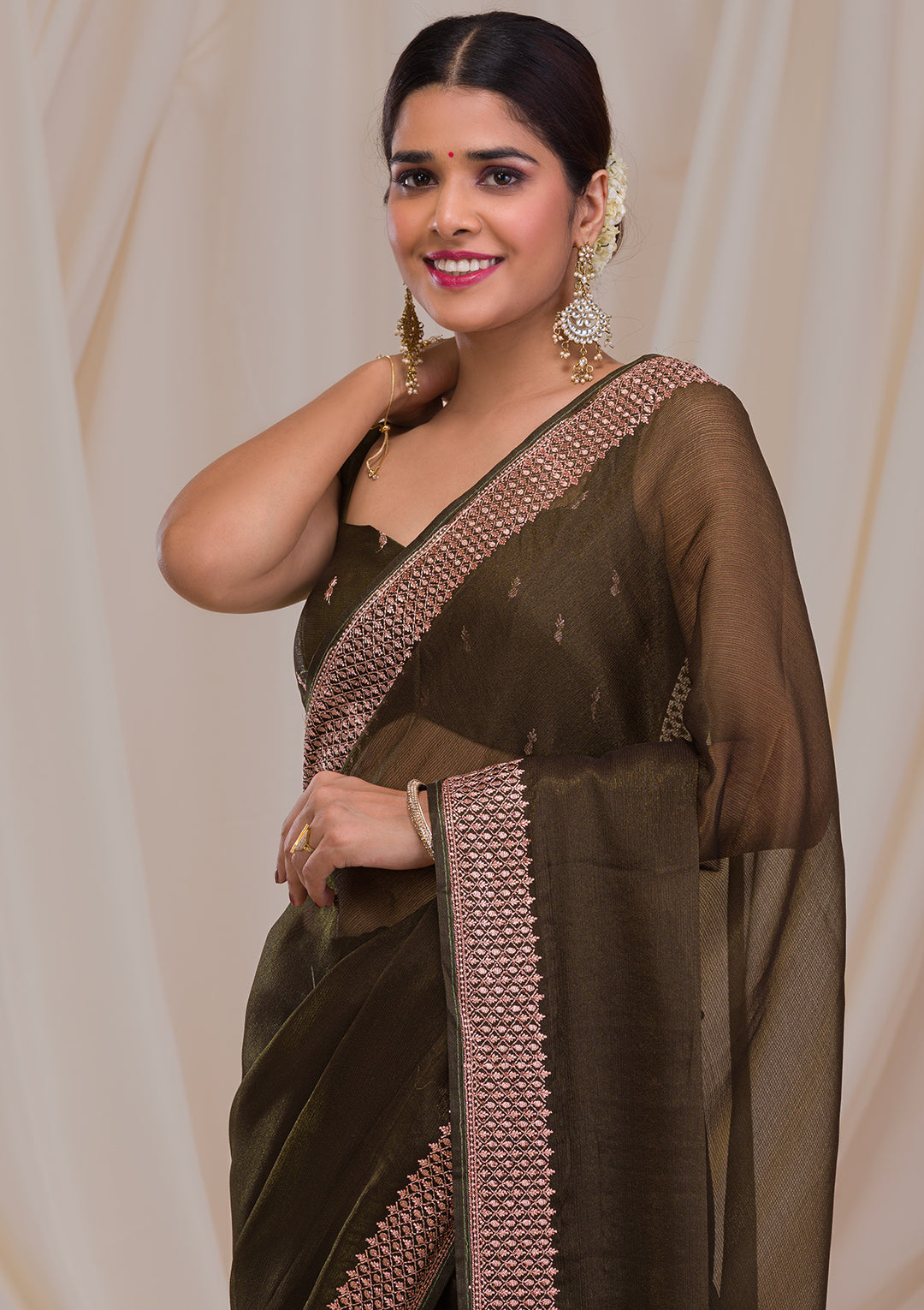 Mehendi Zardosi Semi Crepe Saree