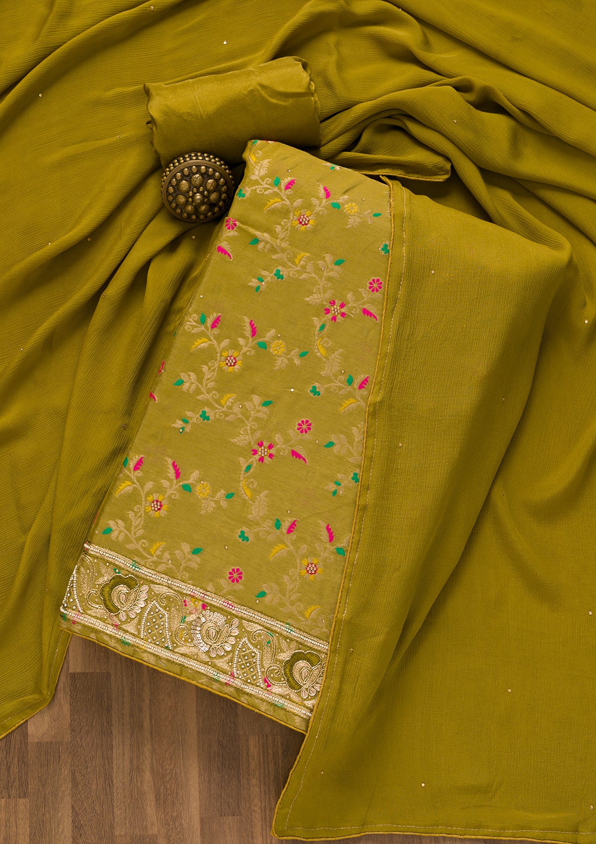 Mehendi Printed Brocade Unstitched Salwar Suit-Koskii