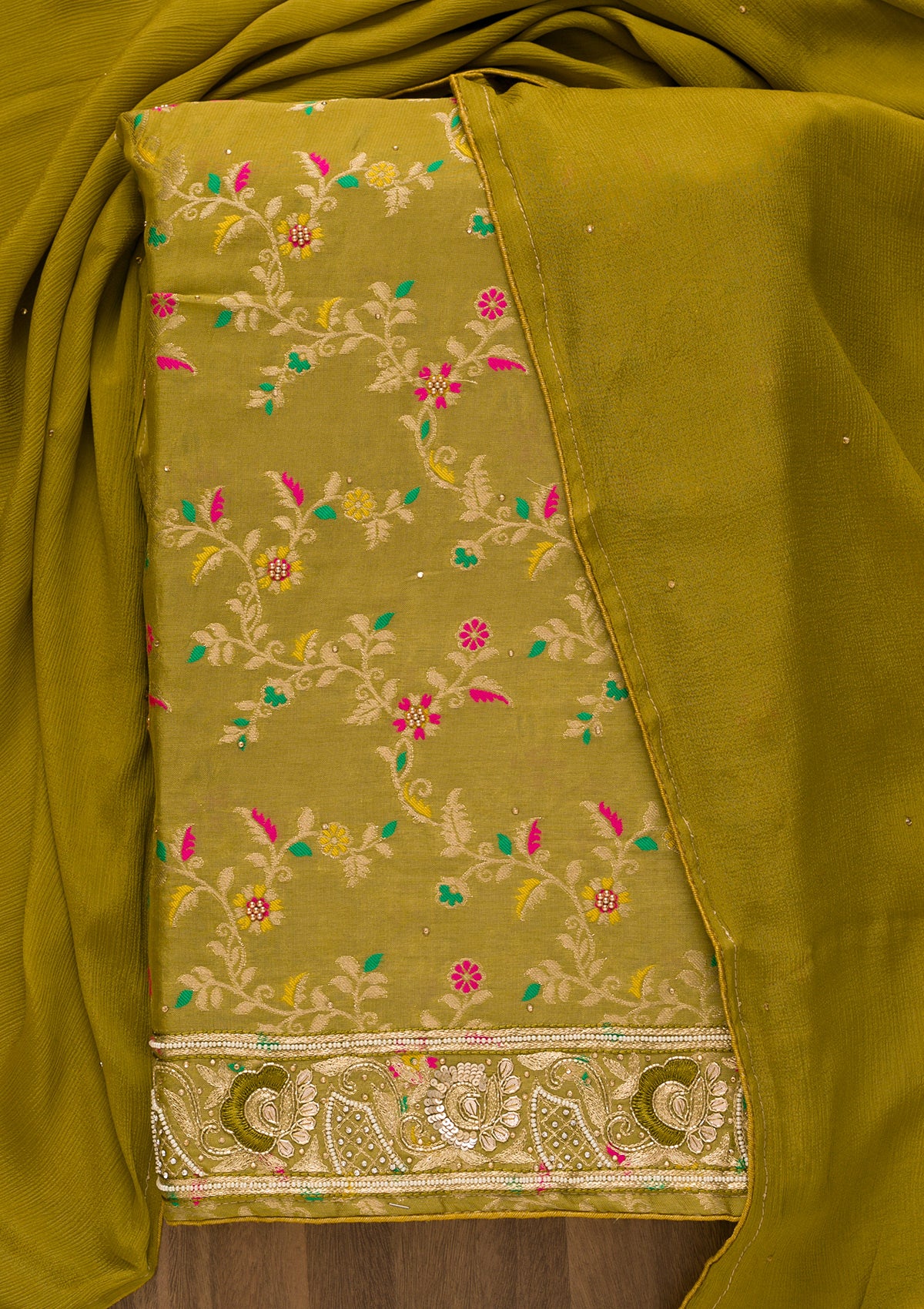 Mehendi Printed Brocade Unstitched Salwar Suit