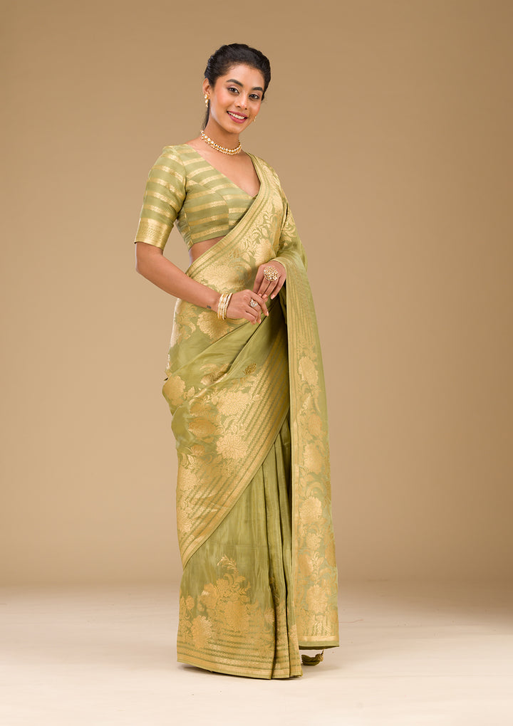 Mehendi Zariwork Raw Silk Saree