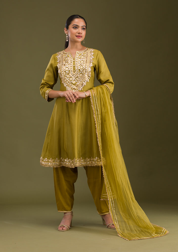 Mehendi Zariwork Semi Crepe Readymade Salwar Suit