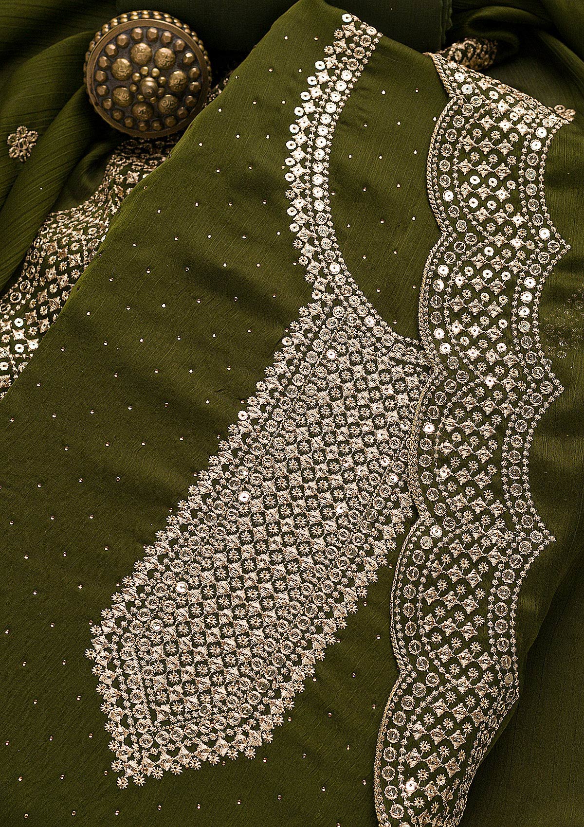 Mehendi Zariwork Semi Crepe Unstitched Salwar Suit