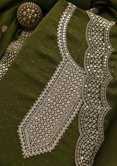 Mehendi Zariwork Semi Crepe Unstitched Salwar Suit