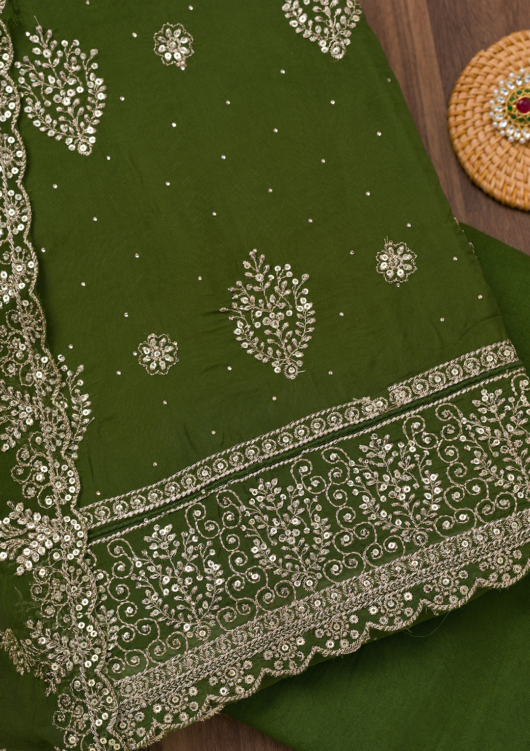 Mehendi Zariwork Semi Crepe Unstitched Salwar Suit