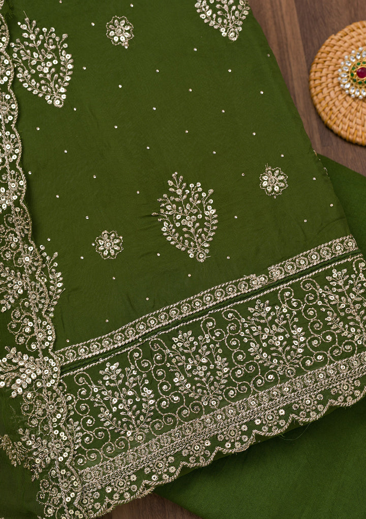 Mehendi Zariwork Semi Crepe Unstitched Salwar Suit