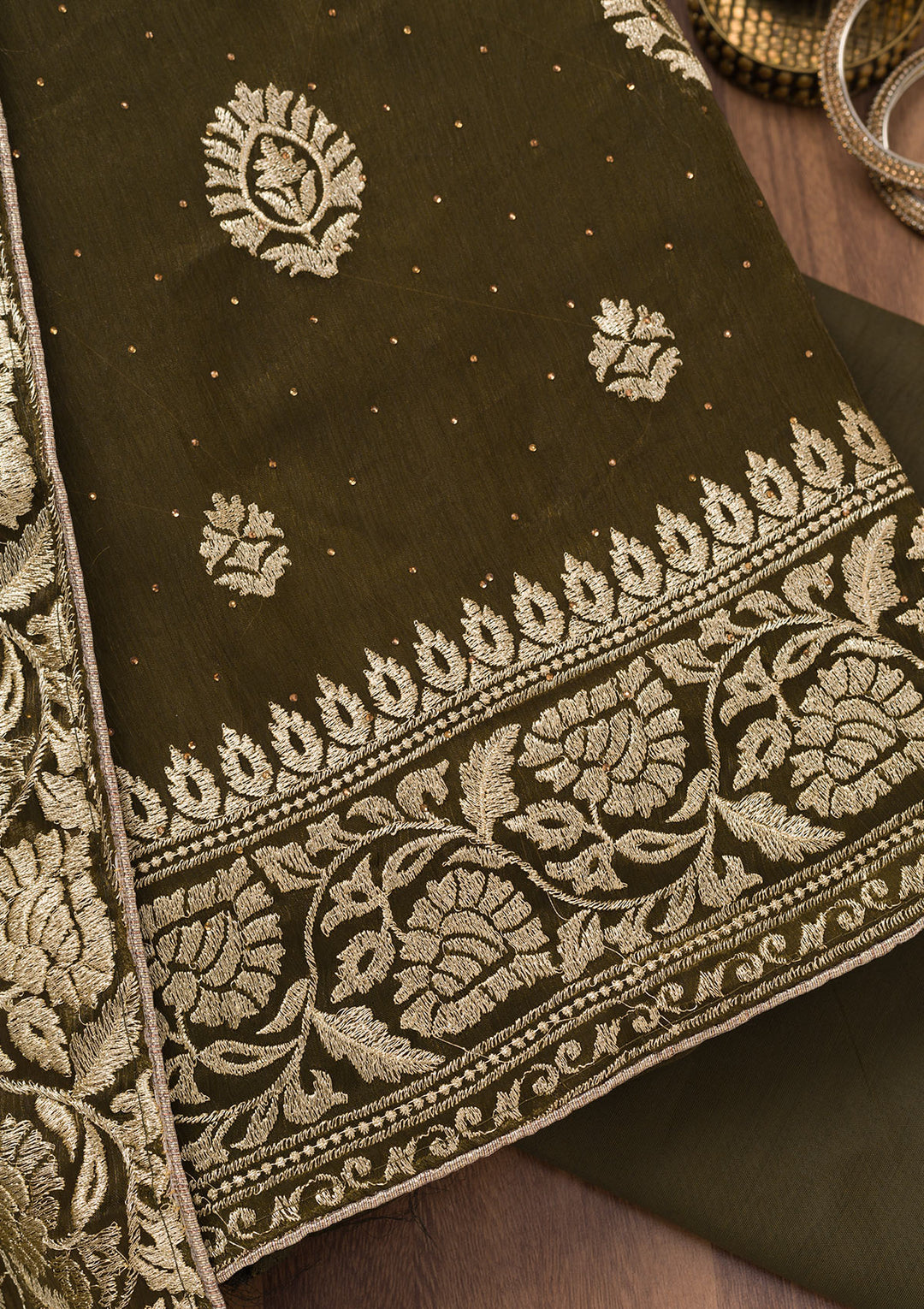 Mehendi Zariwork Semi Crepe Unstitched Salwar Suit