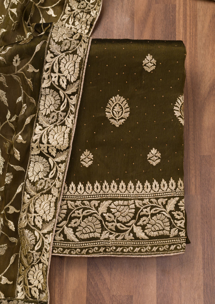 Mehendi Zariwork Semi Crepe Unstitched Salwar Suit