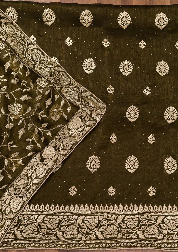 Mehendi Zariwork Semi Crepe Unstitched Salwar Suit