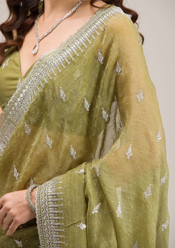 Mehendi Zariwork Tissue Saree