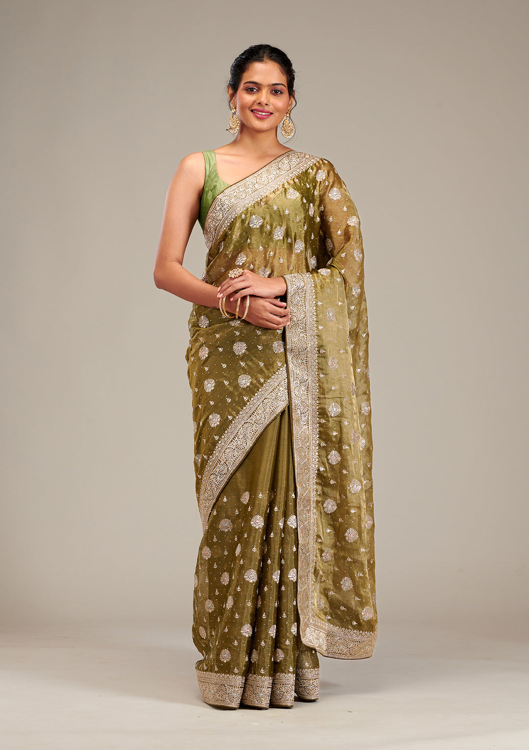 Mehendi Zariwork Tissue Saree