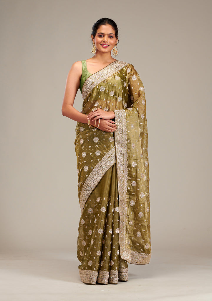 Mehendi Zariwork Tissue Saree