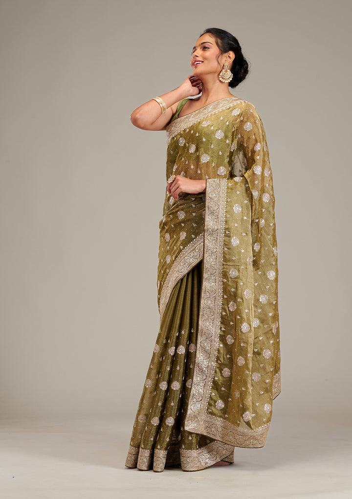 Mehendi Zariwork Tissue Saree
