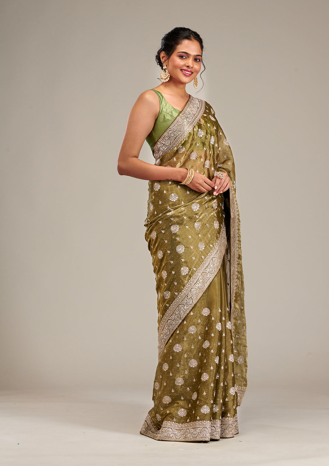 Mehendi Zariwork Tissue Saree