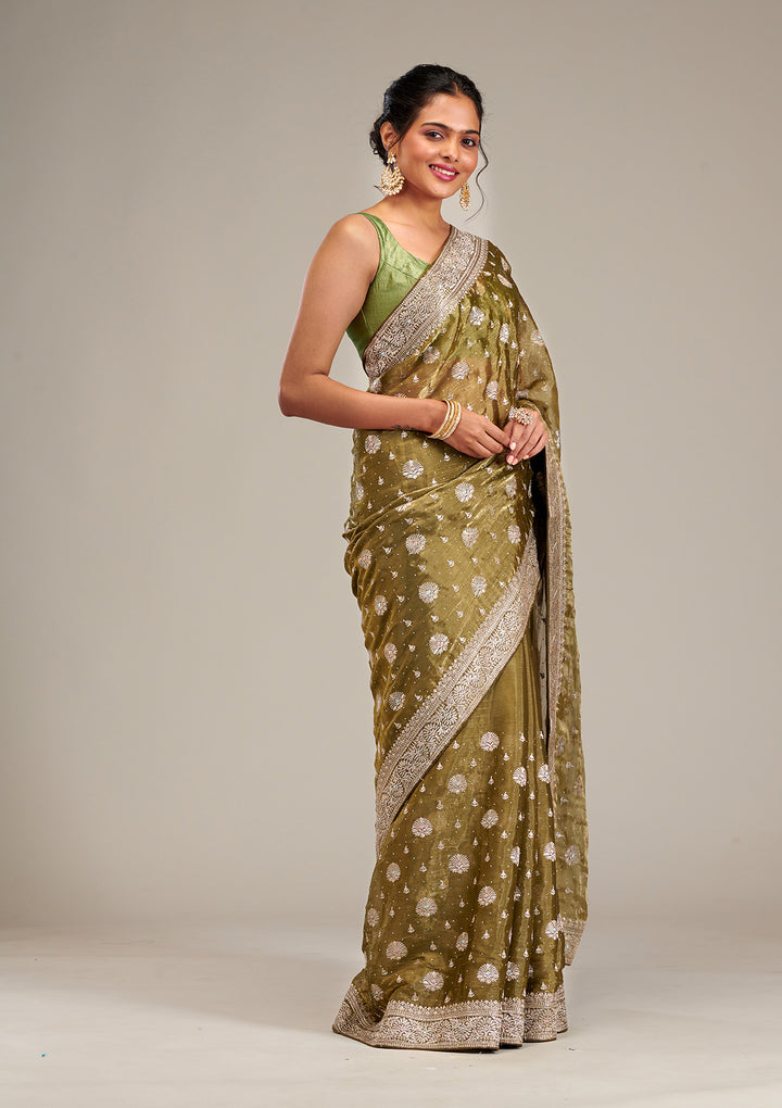 Mehendi Zariwork Tissue Saree