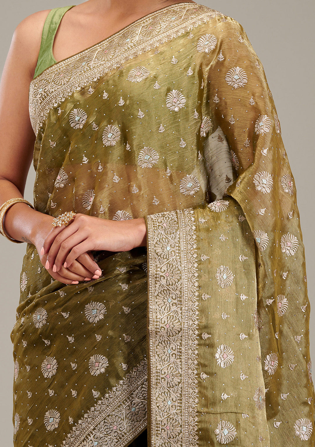 Mehendi Zariwork Tissue Saree
