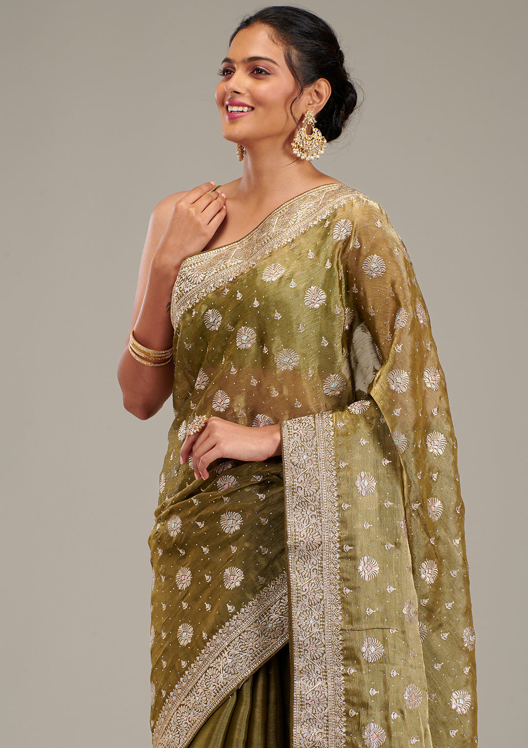 Mehendi Zariwork Tissue Saree