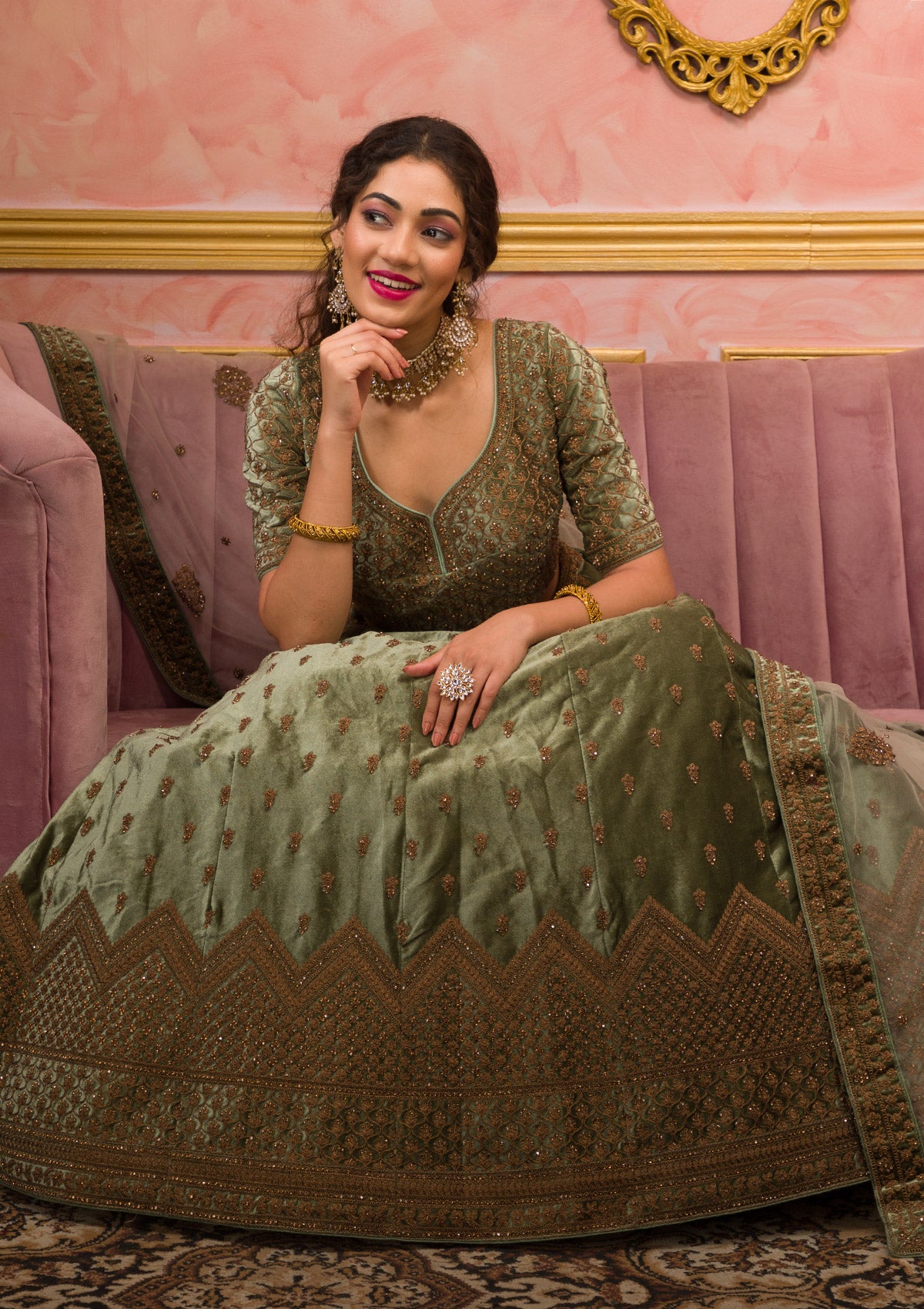 Mehendi Zariwork Velvet Readymade Lehenga-Koskii