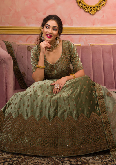 Mehendi Zariwork Velvet Readymade Lehenga-Koskii