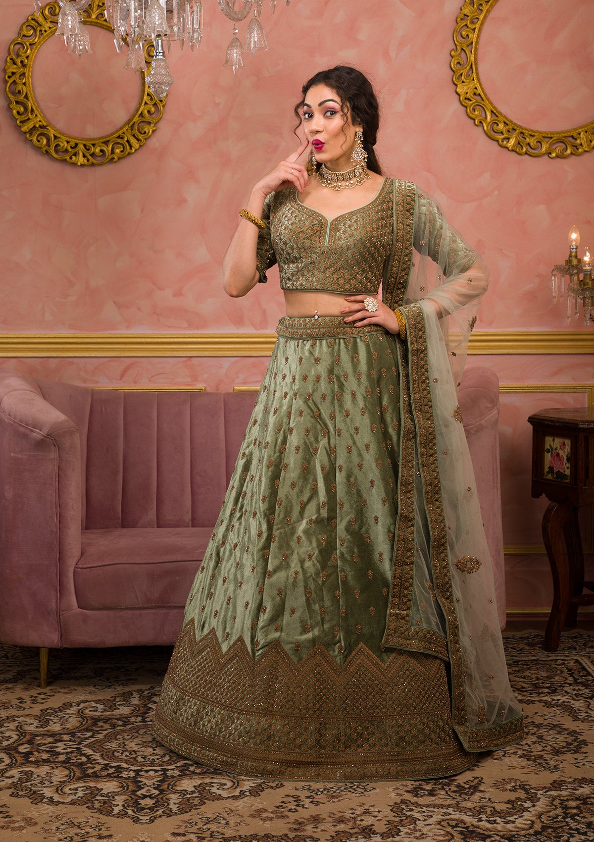 Mehendi Zariwork Velvet Readymade Lehenga-Koskii