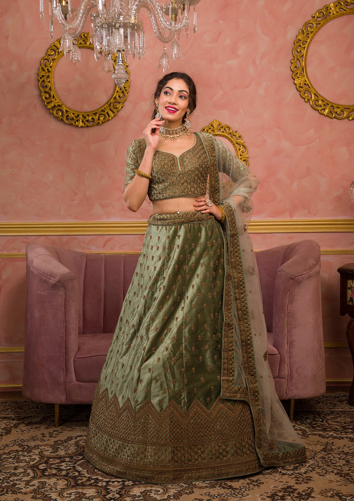 Mehendi Zariwork Velvet Readymade Lehenga