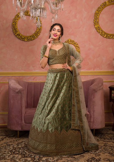 Mehendi Zariwork Velvet Readymade Lehenga