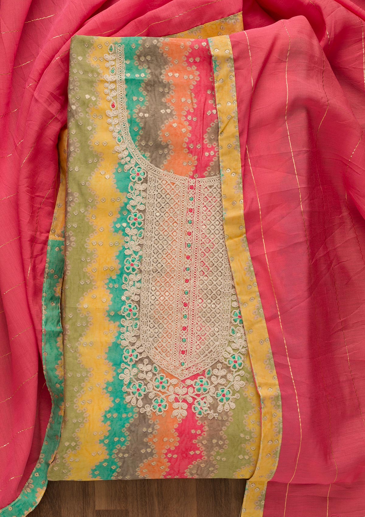 Multi Bandhani Print Georgette Unstitched Salwar Suit