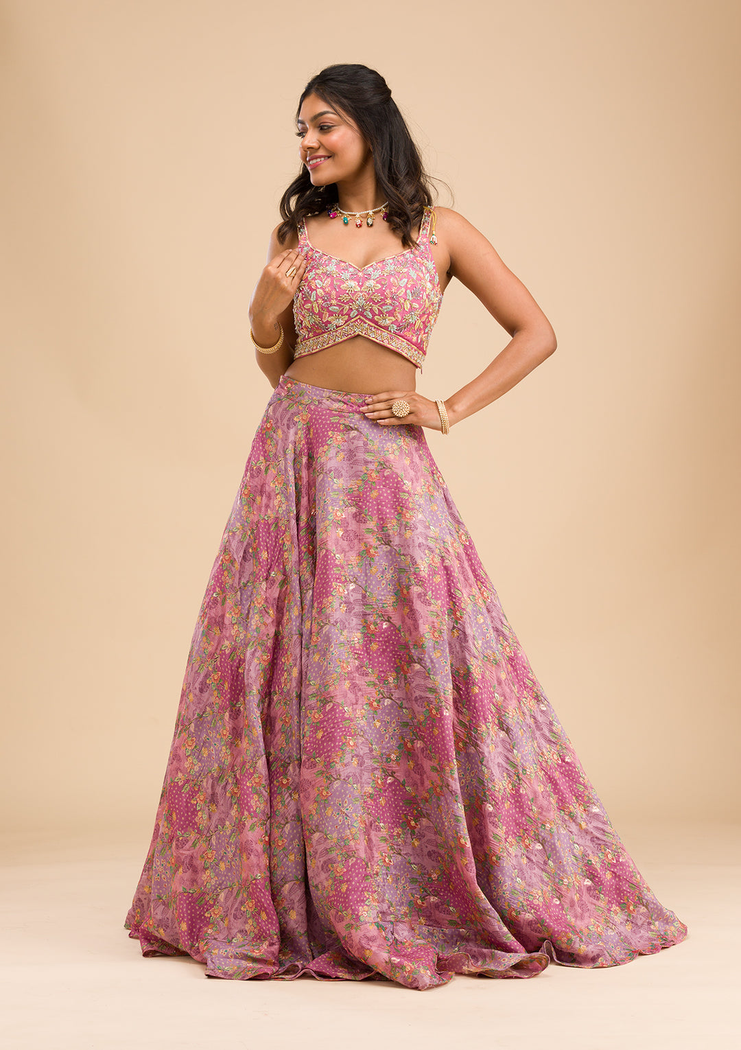 Onion Pink Printed Raw Silk Readymade Lehenga