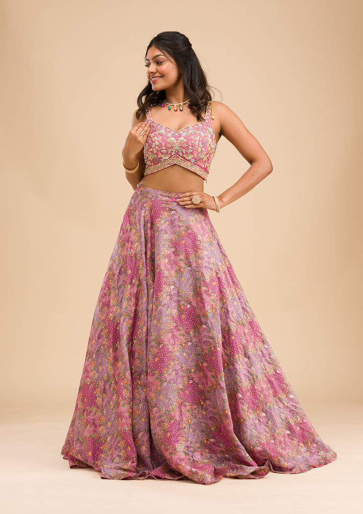 Onion Pink Printed Raw Silk Readymade Lehenga