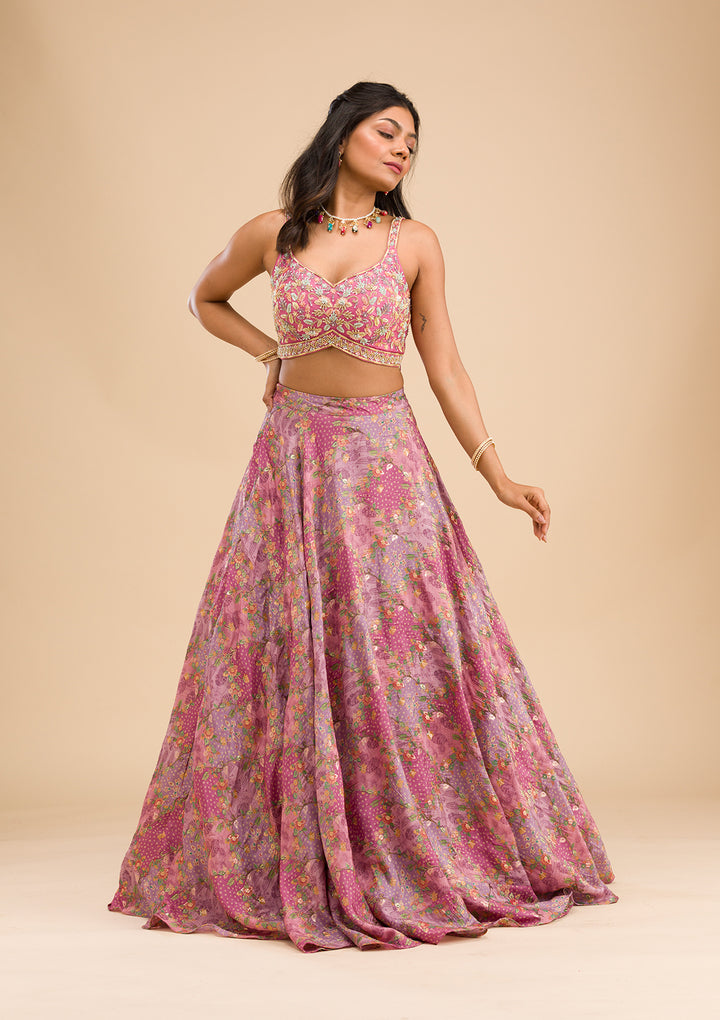 Onion Pink Printed Raw Silk Readymade Lehenga