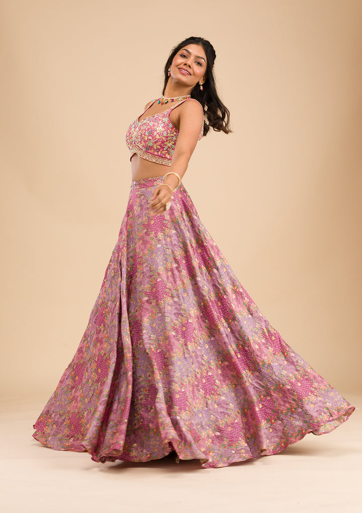 Onion Pink Printed Raw Silk Readymade Lehenga