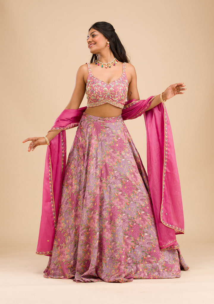 Onion Pink Printed Raw Silk Readymade Lehenga