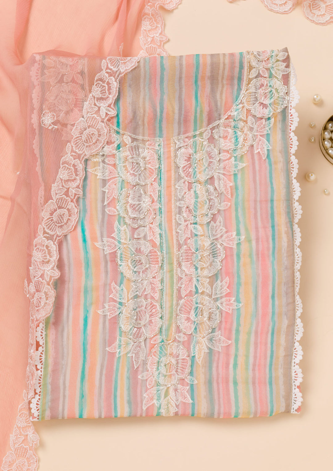 Peach Threadwork Semi Crepe Unstitched Salwar Suit