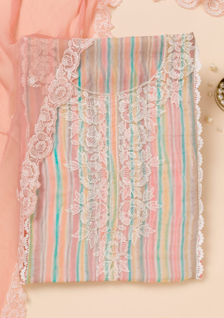 Peach Threadwork Semi Crepe Unstitched Salwar Suit