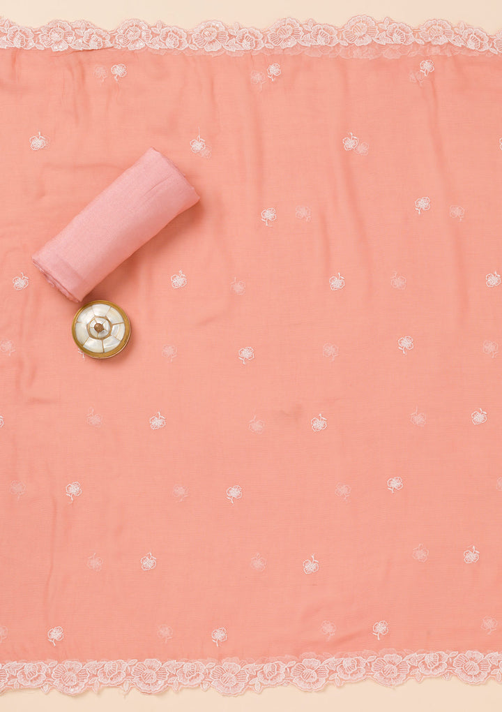 Peach Threadwork Semi Crepe Unstitched Salwar Suit