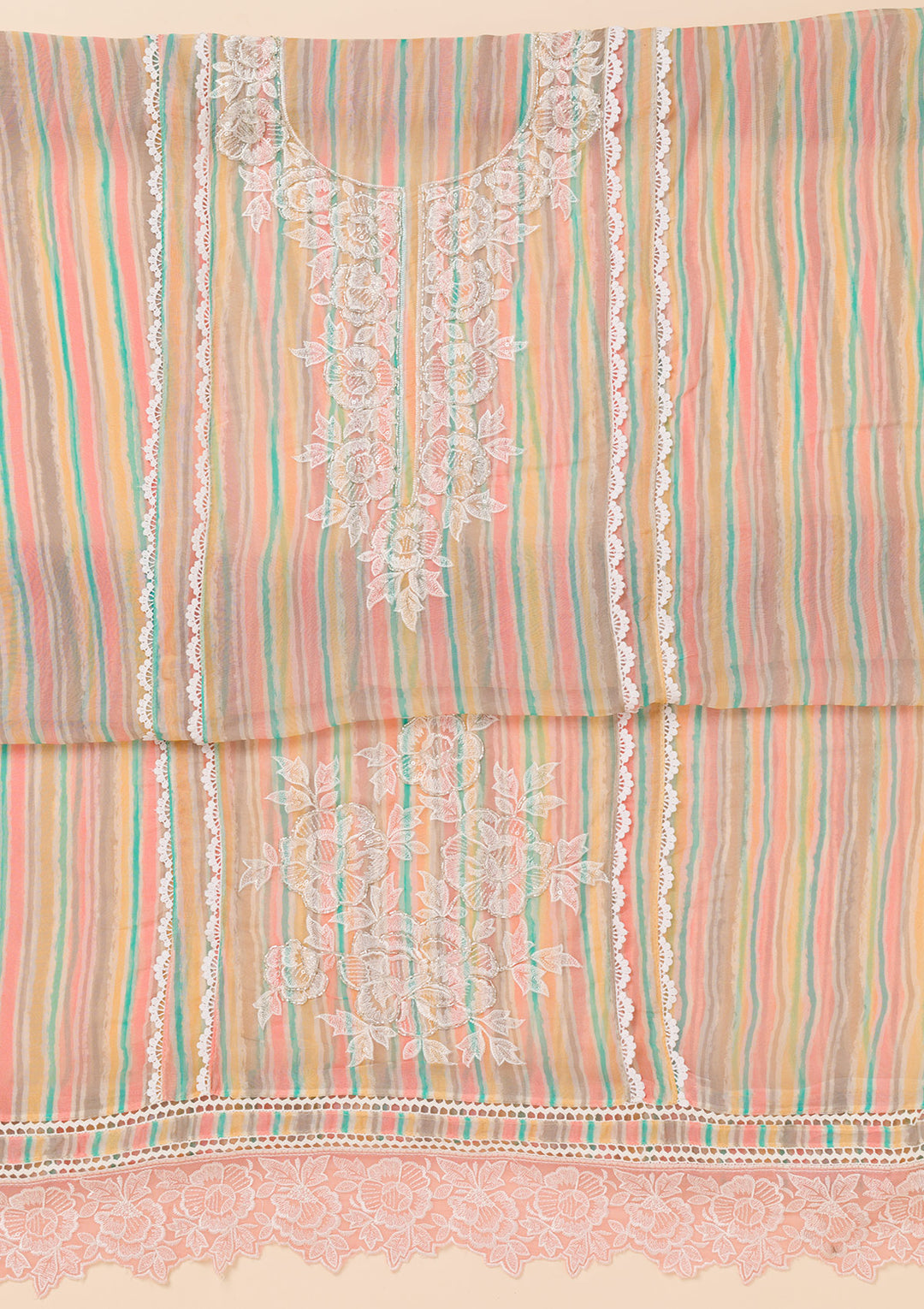 Peach Threadwork Semi Crepe Unstitched Salwar Suit