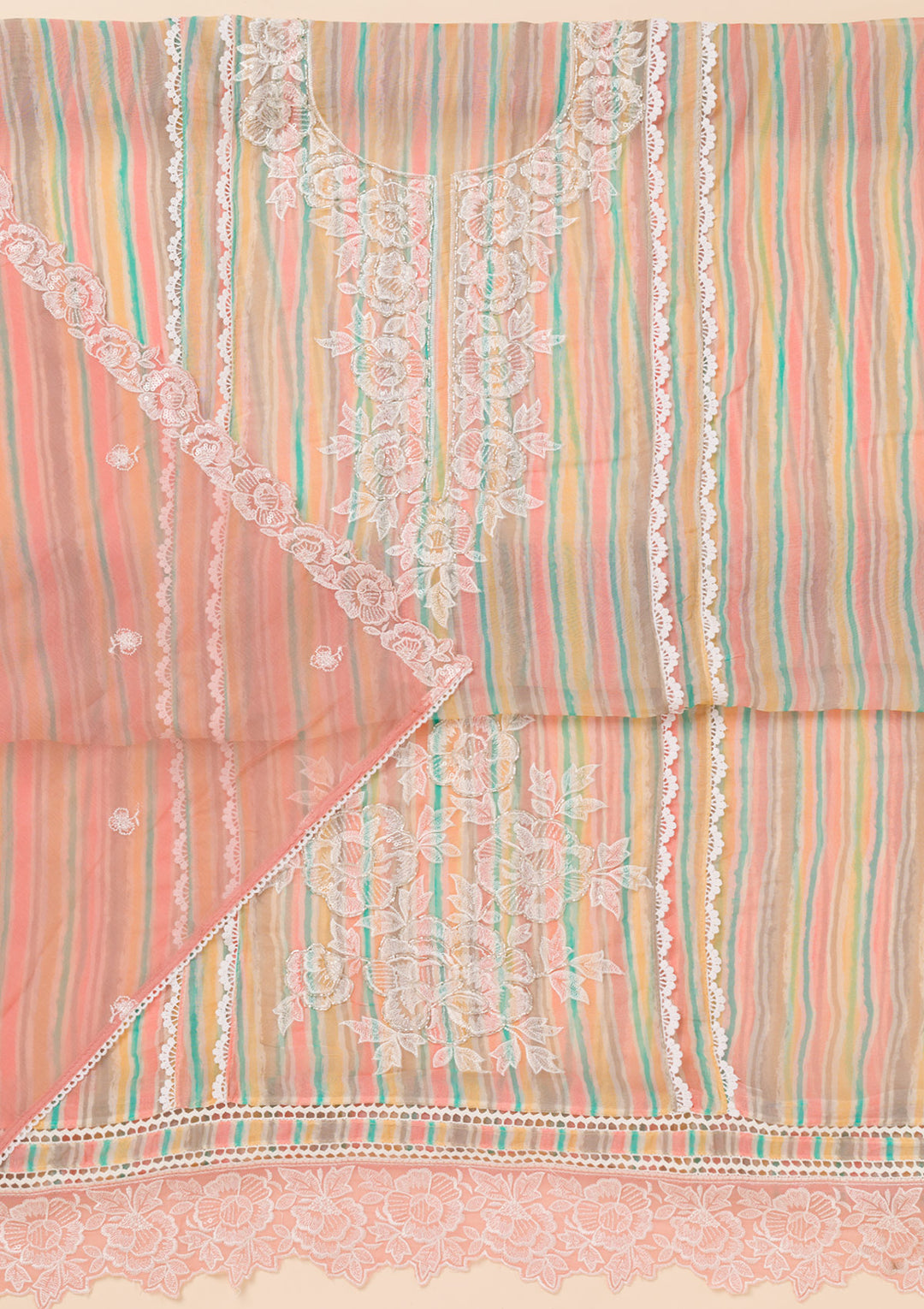 Peach Threadwork Semi Crepe Unstitched Salwar Suit