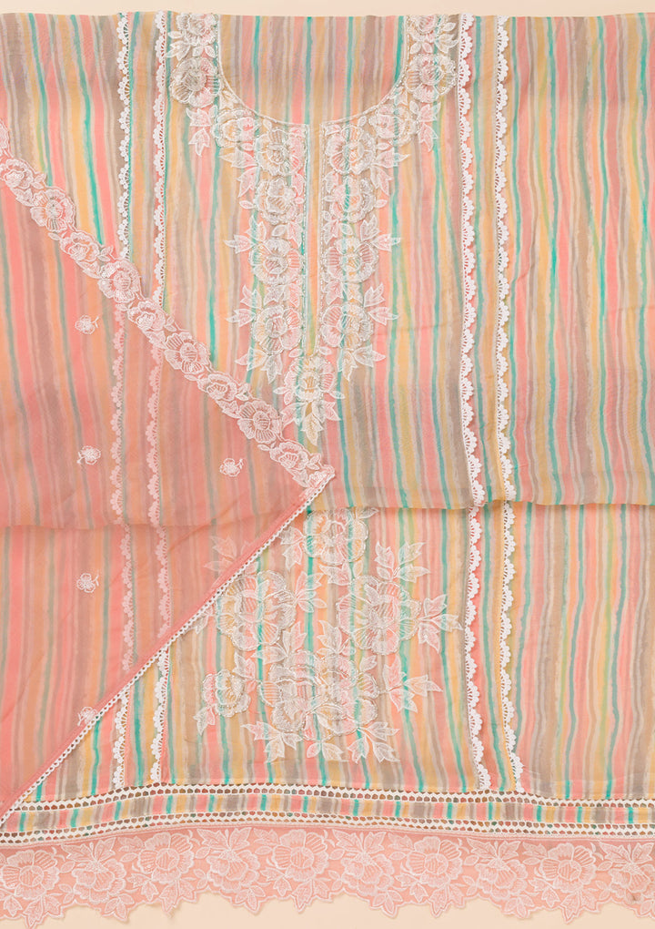 Peach Threadwork Semi Crepe Unstitched Salwar Suit