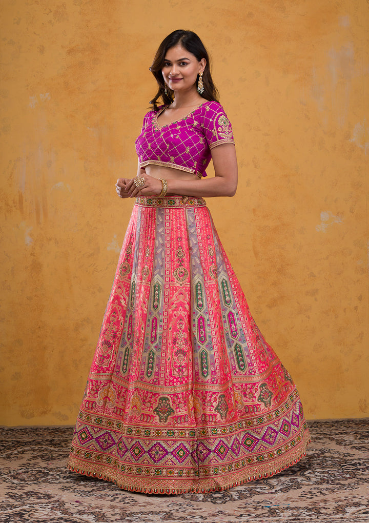Rani Pink Zariwork Banarasi Semi Stitched Lehenga