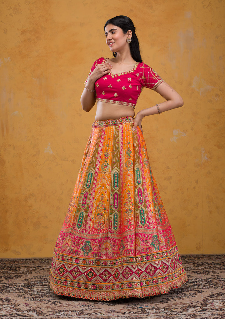 Mustard Zariwork Banarasi Semi Stitched Lehenga