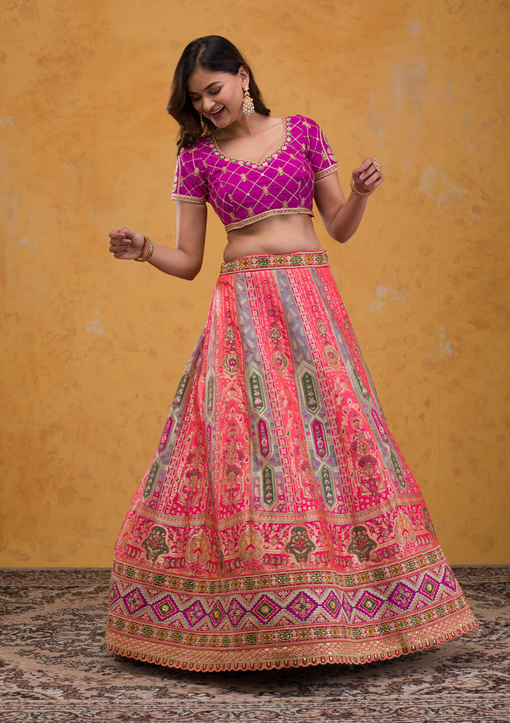 Rani Pink Zariwork Banarasi Semi Stitched Lehenga