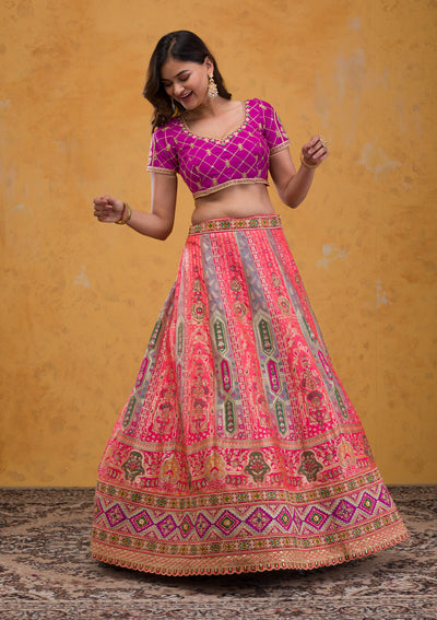 Rani Pink Zariwork Banarasi Semi Stitched Lehenga