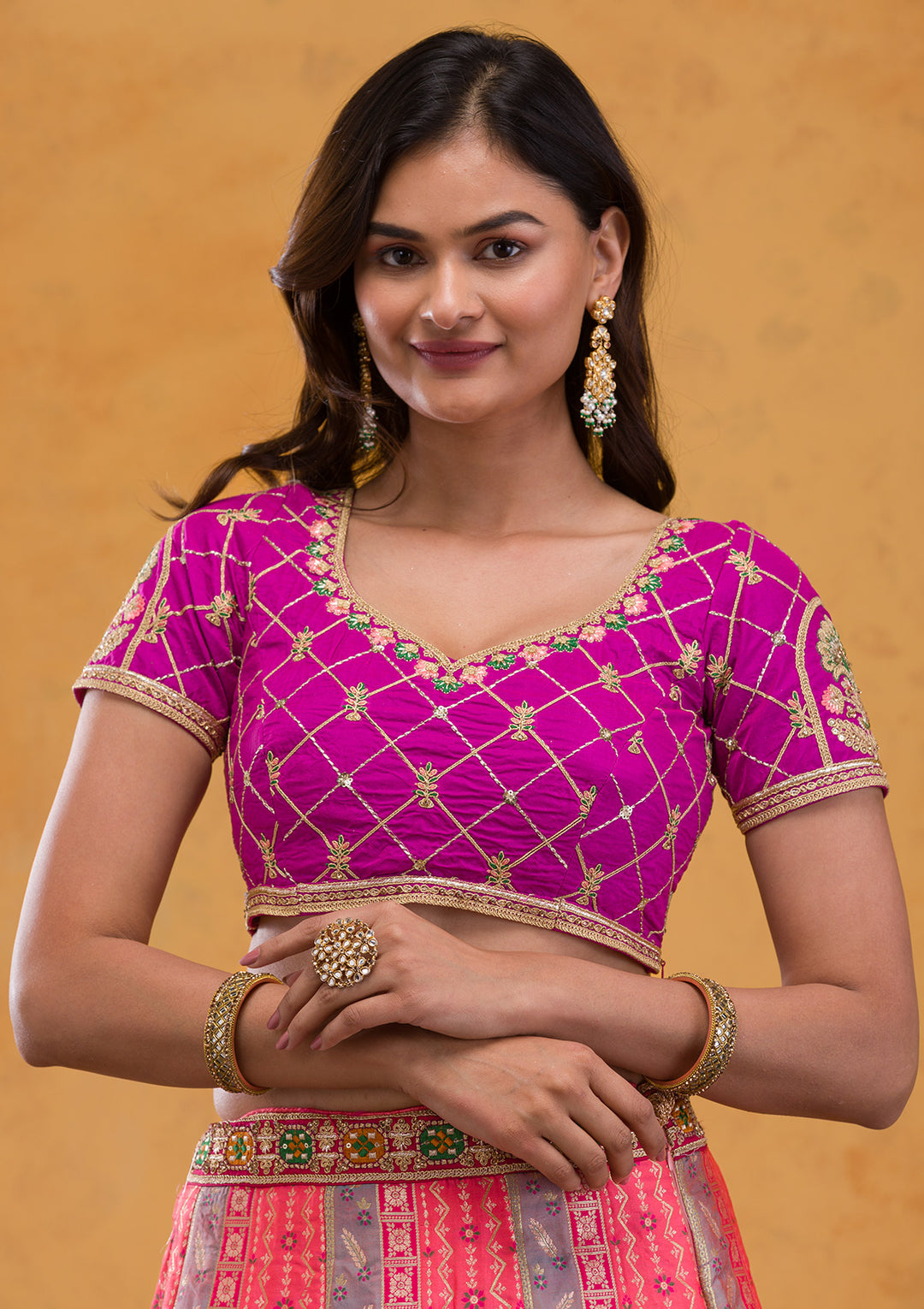 Rani Pink Zariwork Banarasi Semi Stitched Lehenga