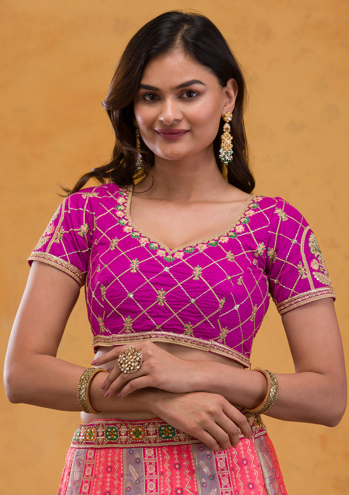 Rani Pink Zariwork Banarasi Semi Stitched Lehenga