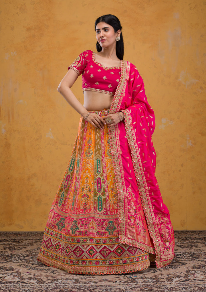 Mustard Zariwork Banarasi Semi Stitched Lehenga