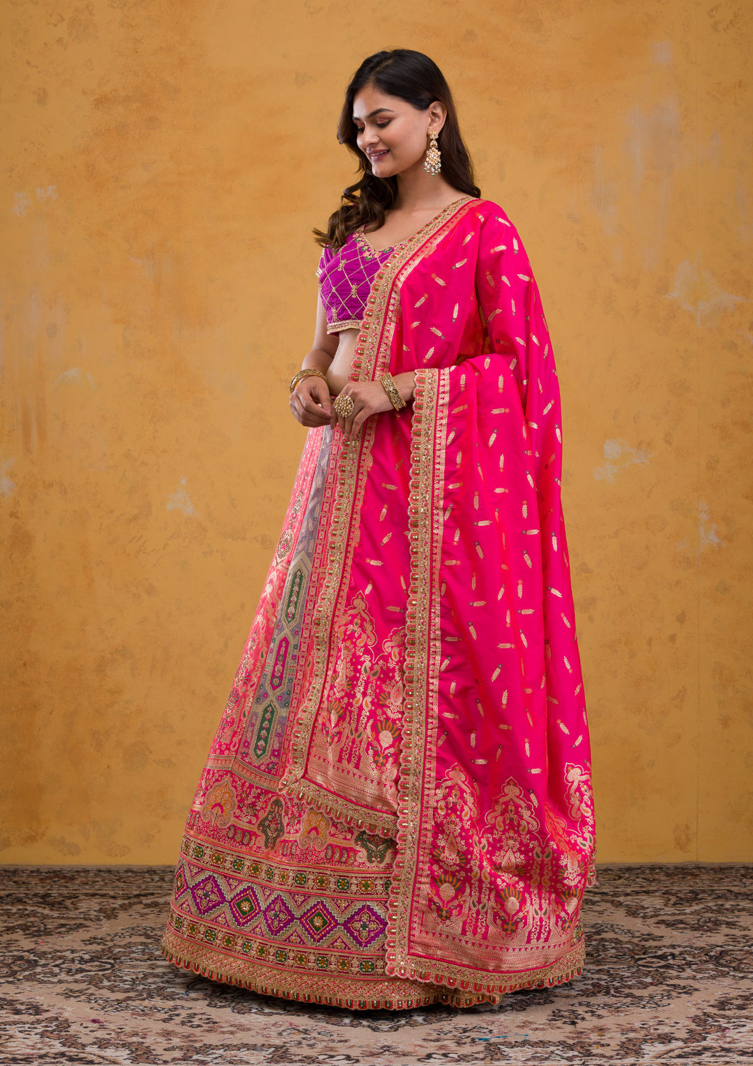 Rani Pink Zariwork Banarasi Semi Stitched Lehenga