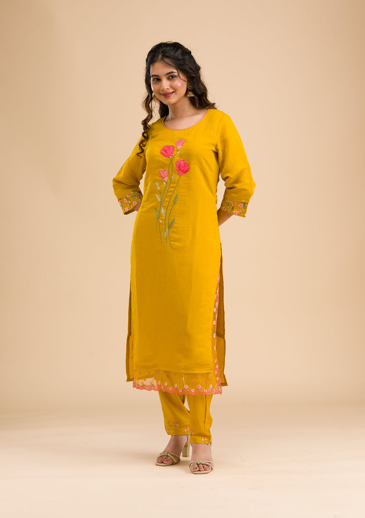 Mustard Applique Cotton Readymade Salwar Suit